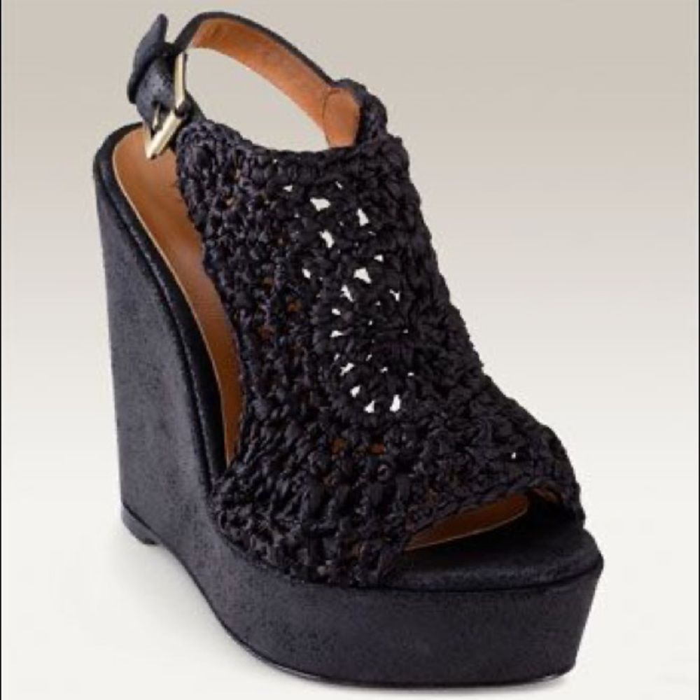 Elizabeth And James "Halo" Black Macramé Wedge Platform Slingback Sandal, Size 9